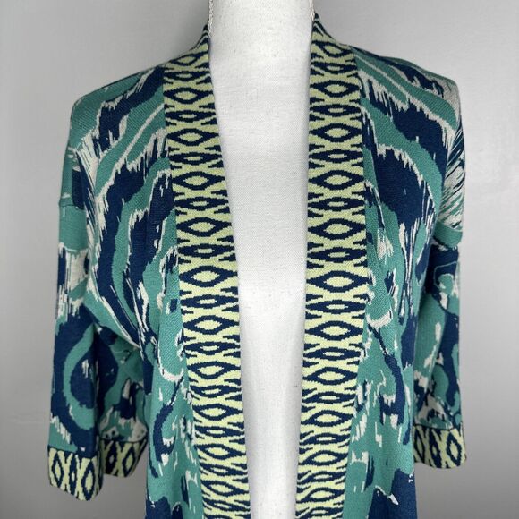 Soft surroundings Knit Cardigan Sz M PM  Teal Blue Graphic Print Comfort Artsy - Picture 3 of 6